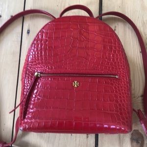 Tory Burch red faux alligator skin backpack